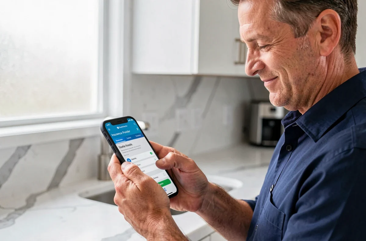 Homme utilisant une application mobile sur smartphone pour obtenir une attestation d'assurance habitation