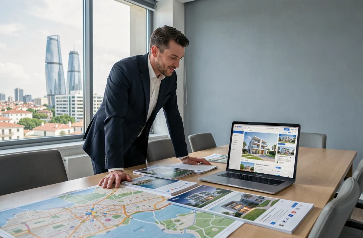 Agence Avenue Immobilier à Montpellier, un agent consulte des brochures de programmes neufs sur une table de réunion avec vue sur la ville