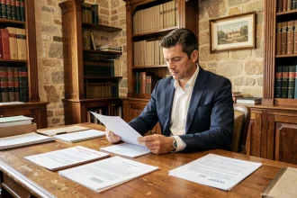 Avocat spécialisé en droit immobilier à Avignon examinant des documents de propriété dans son cabinet