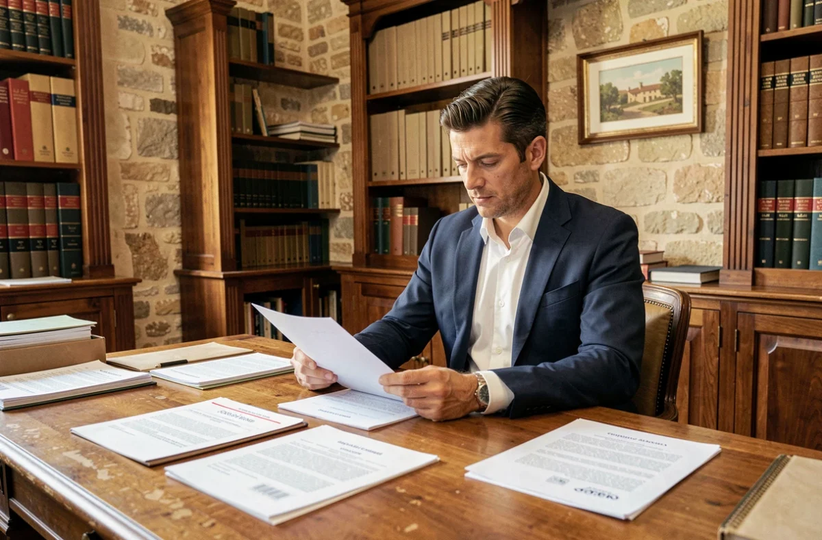 Avocat spécialisé en droit immobilier à Avignon examinant des documents de propriété dans son cabinet