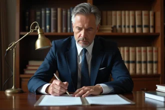 Avocat en costume marine consultant un document juridique relatif à la loi du 6 juillet 1989 dans son cabinet