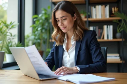 Femme professionnelle examine un contrat de location dans un bureau moderne