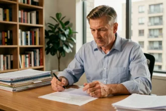 Bailleur immobilier consultant son contrat d'assurance PNO à son bureau à domicile