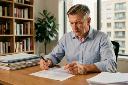 Bailleur immobilier consultant son contrat d'assurance PNO à son bureau à domicile