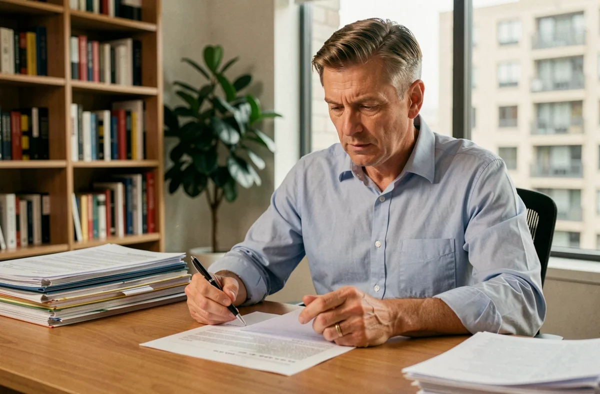 Bailleur immobilier consultant son contrat d'assurance PNO à son bureau à domicile