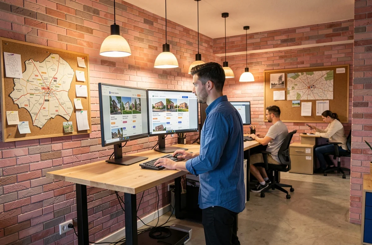 Agence BLG Immobilier à Toulouse, un jeune agent consulte des annonces immobilières neuves sur ordinateur dans un espace de travail en open space