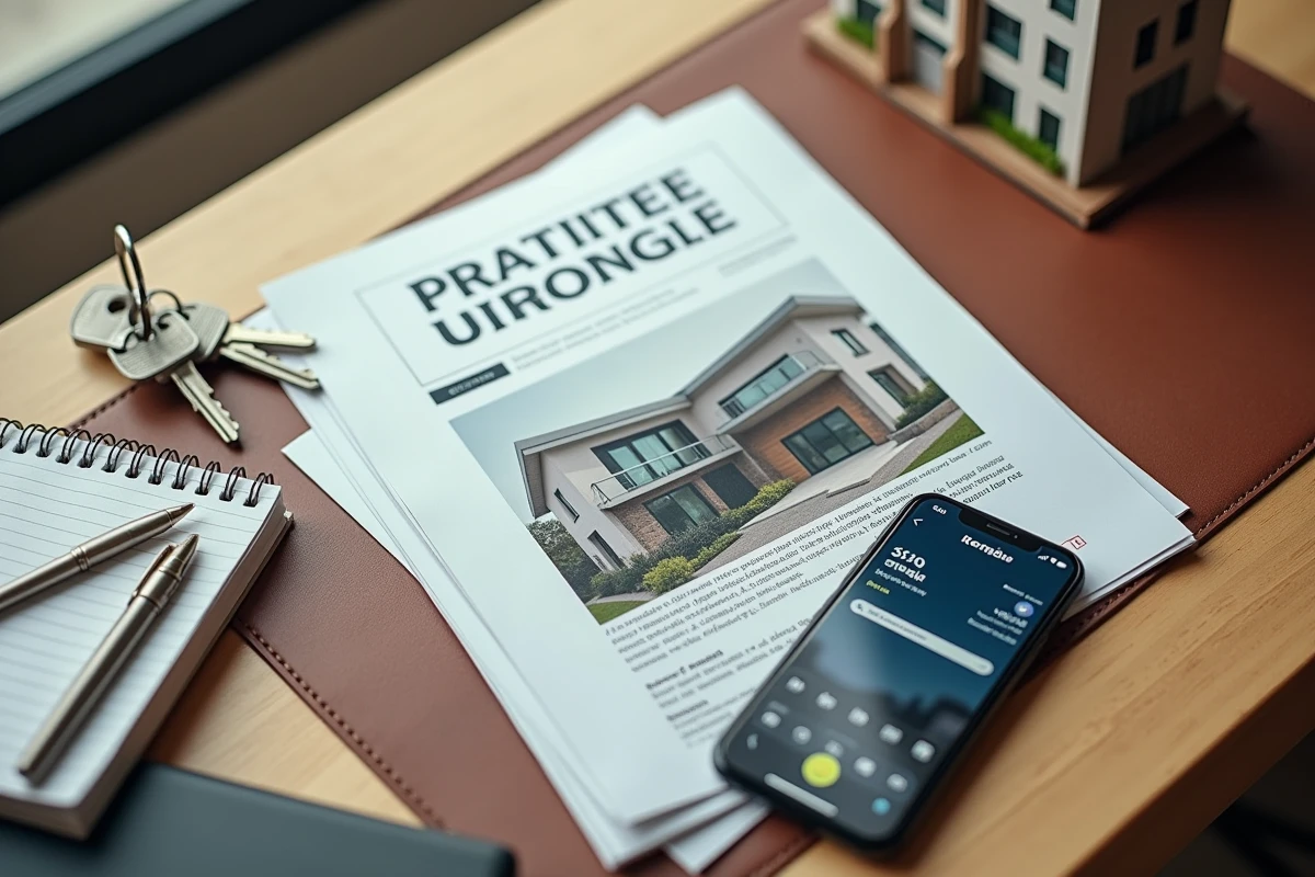 Vue aérienne d'un bureau avec documents d'investissement locatif, clés d'appartement et application de gestion immobilière