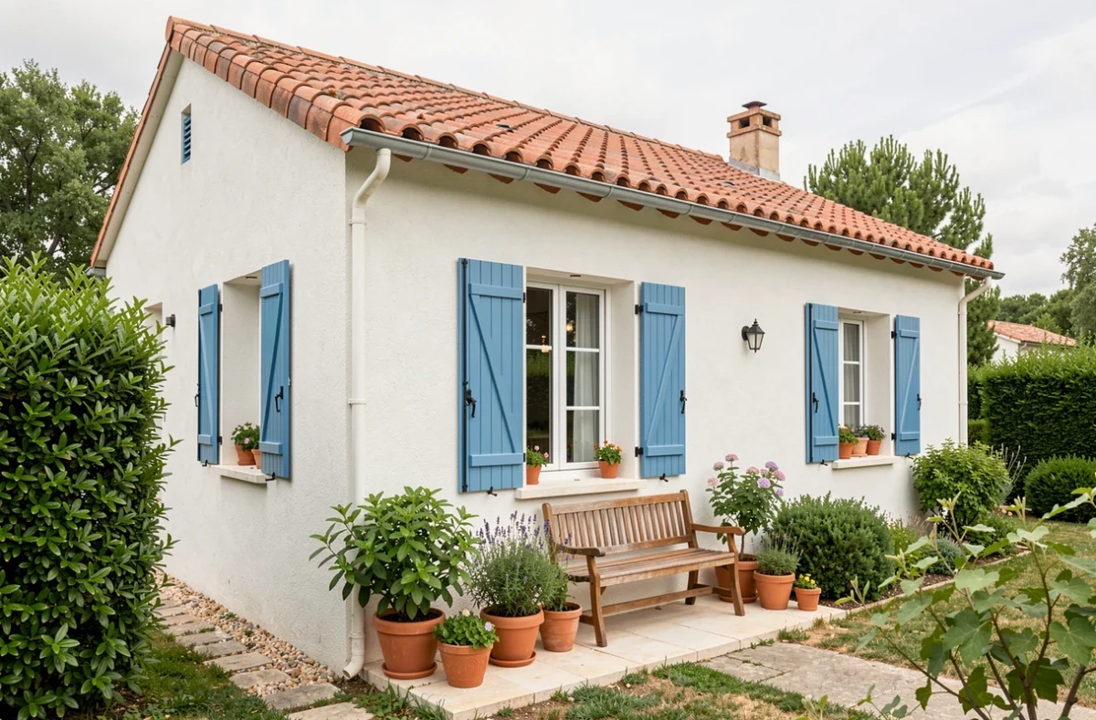 Maison individuelle accessible construite par C Ma Maison dans le Vaucluse, avec façade blanche, volets bleus provençaux et petite terrasse fleurie