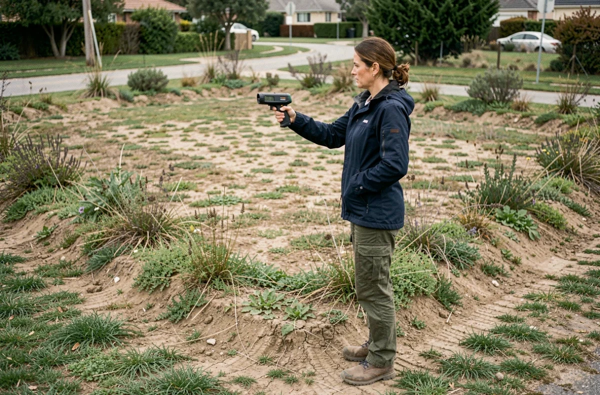 Femme professionnelle utilisant un télémètre laser pour calculer la superficie d'un terrain irrégulier en milieu semi-rural