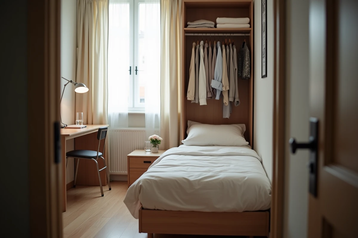 Chambre meublée en colocation avec lit, bureau et armoire respectant la liste légale des équipements obligatoires