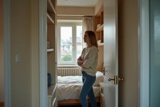Femme dans une chambre rénovée et compacte