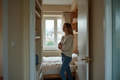 Femme dans une chambre rénovée et compacte