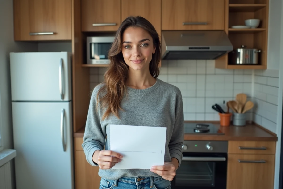 Jeune femme vérifiant la liste des meubles obligatoires pour une location meublée en colocation dans une cuisine équipée