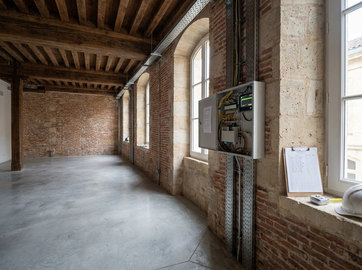 Intérieur d'un bureau vacant à Bordeaux avec murs en brique et équipements techniques à vérifier avant location