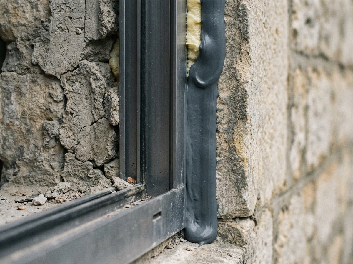 Comparaison entre une mauvaise et une bonne pose de fenêtre en aluminium sur mur en pierre, détail du joint d'étanchéité