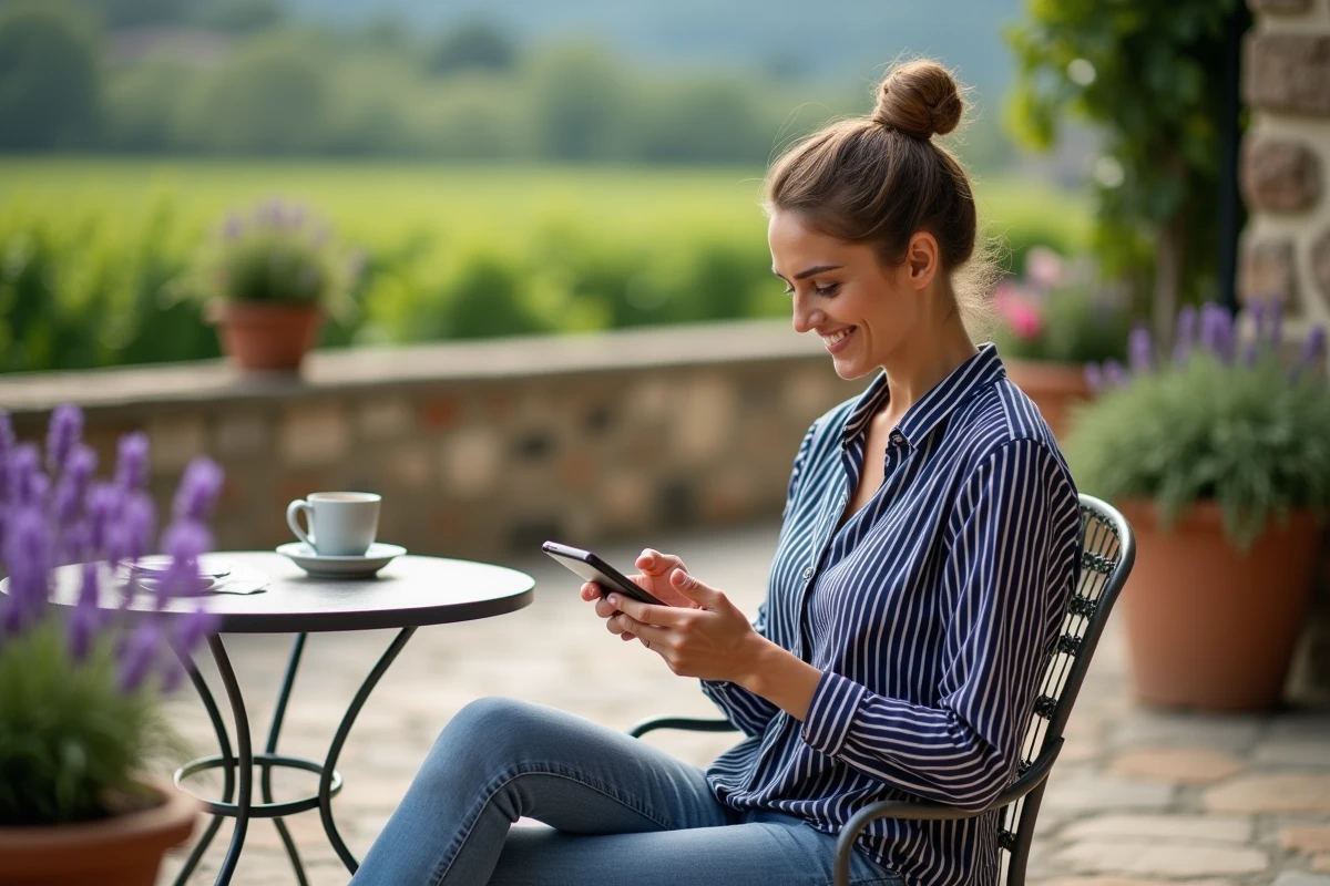 Propriétaire de gîte se connectant à son espace Gîtes de France depuis une terrasse en pierre avec vue sur vignoble