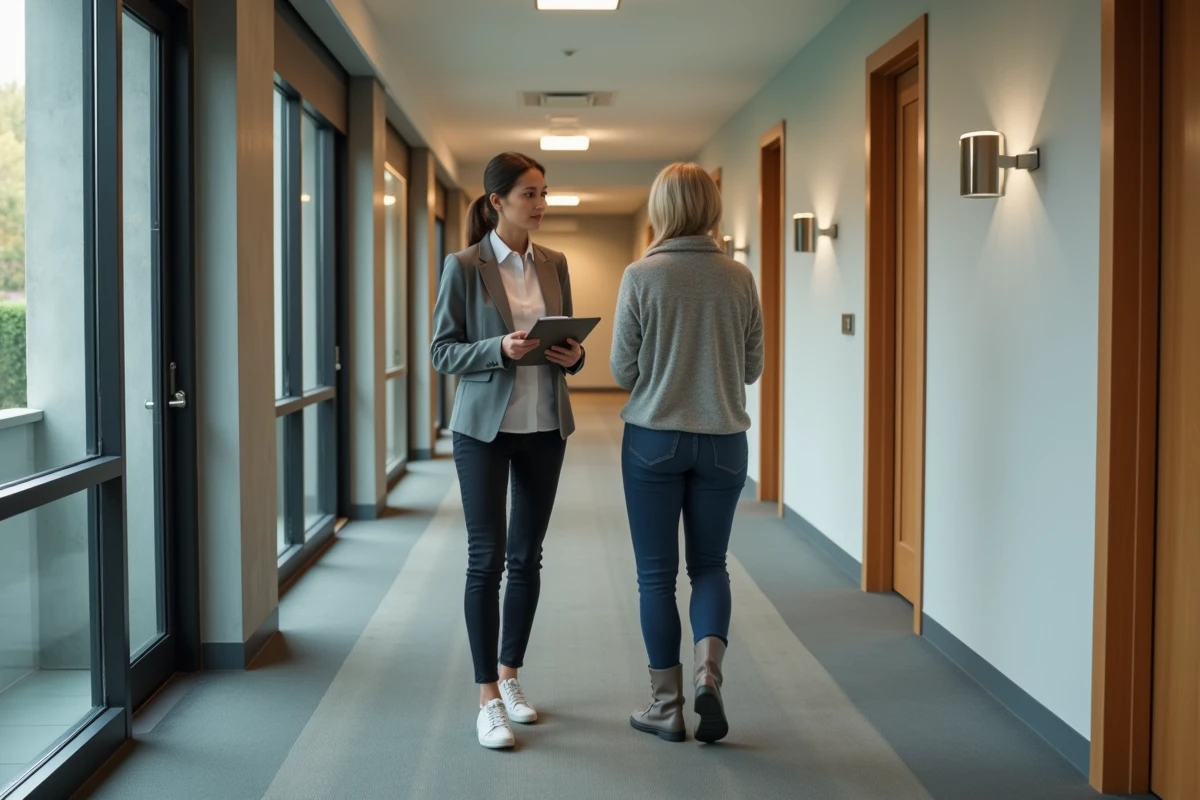 Femme en tenue professionnelle discutant avec une résidente dans un couloir d
