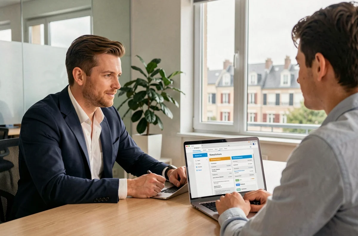 Conseiller en assurance habitation expliquant un contrat à un client dans un bureau à Tours
