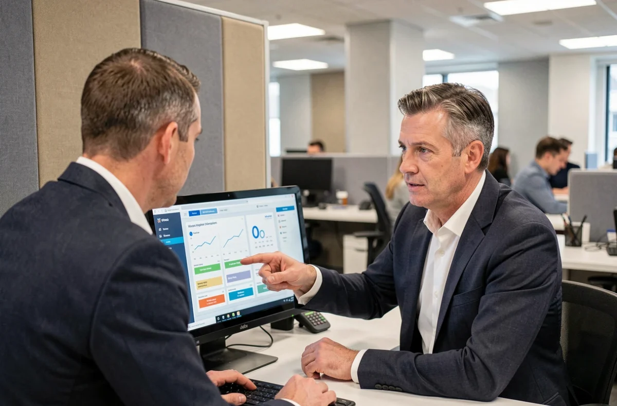 Un conseiller bancaire et un client analysant une simulation de prêt immobilier CASDEN sur un écran dans une agence moderne