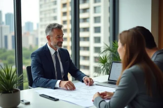 Conseiller immobilier présentant des plans d'investissement locatif clé en main à un couple dans une agence moderne