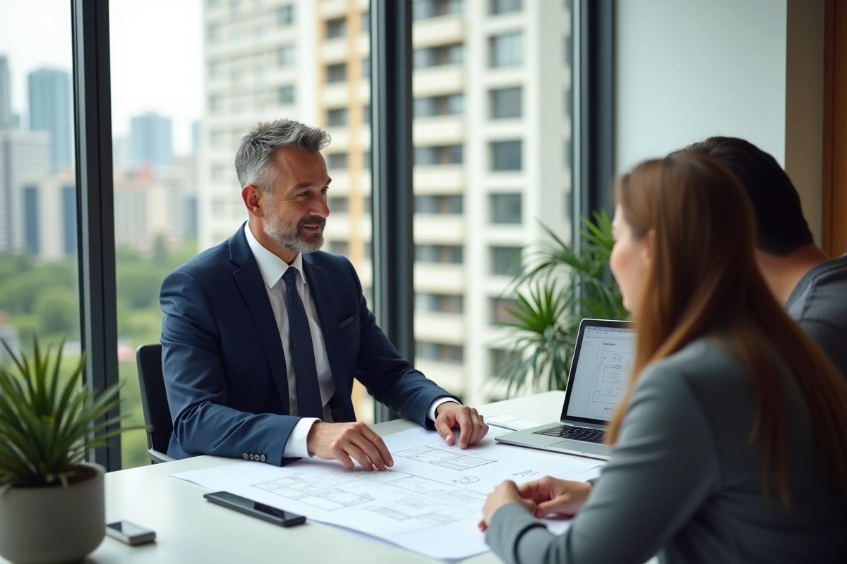 Conseiller immobilier présentant des plans d'investissement locatif clé en main à un couple dans une agence moderne