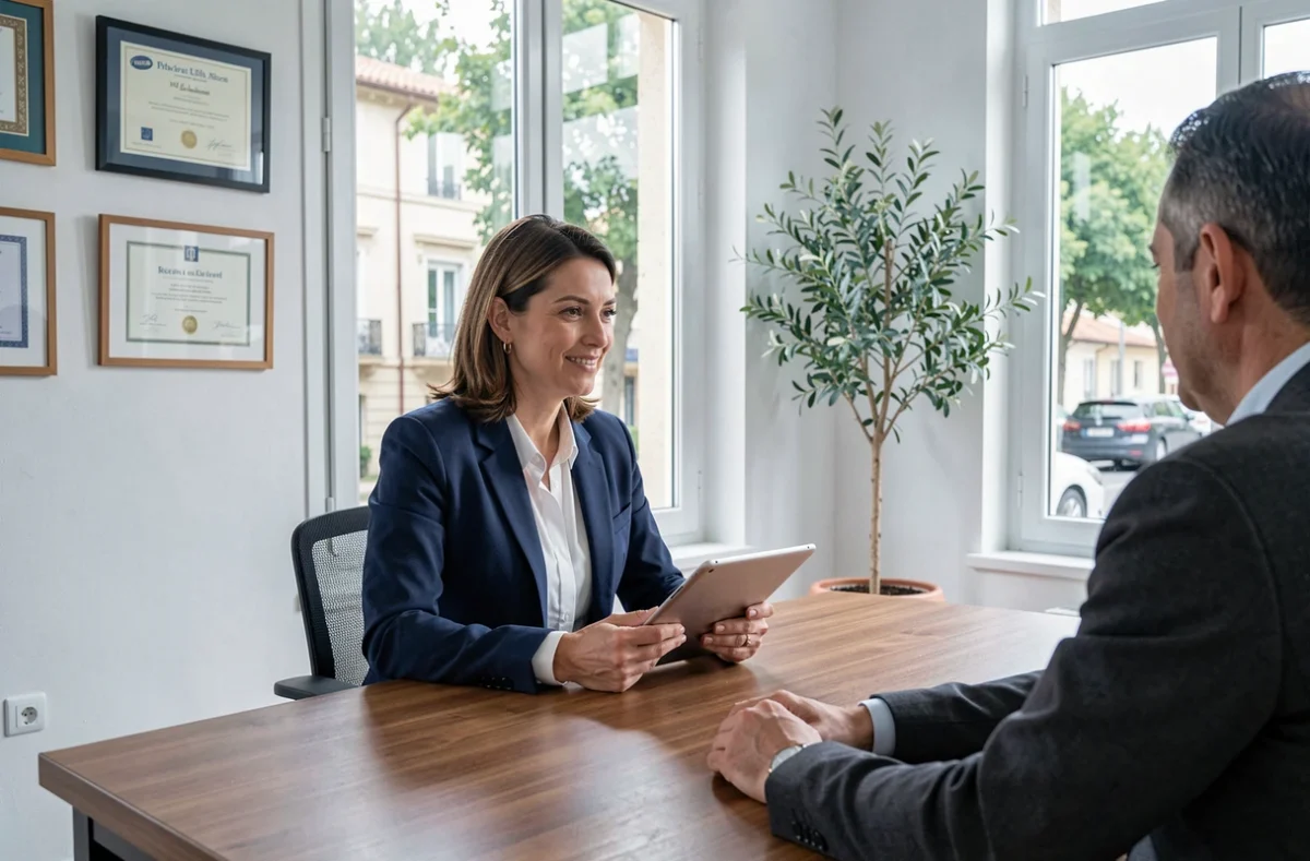 Conseillère en assurance habitation présentant une offre à un client dans un bureau à Nice