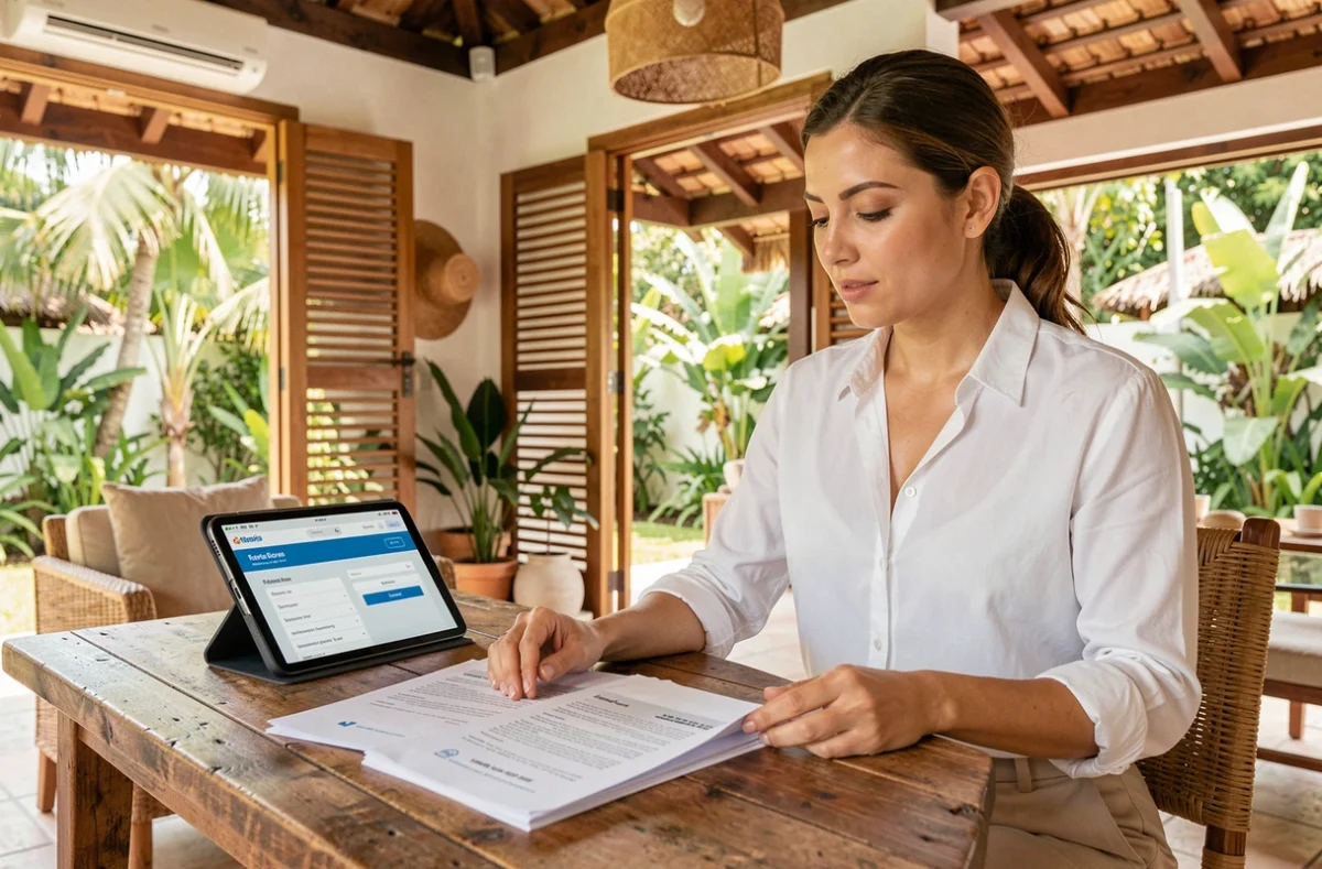 Consultante en location de villa à Saint-Barthélemy examinant un contrat de location sur une table en bois dans un intérieur tropical élégant