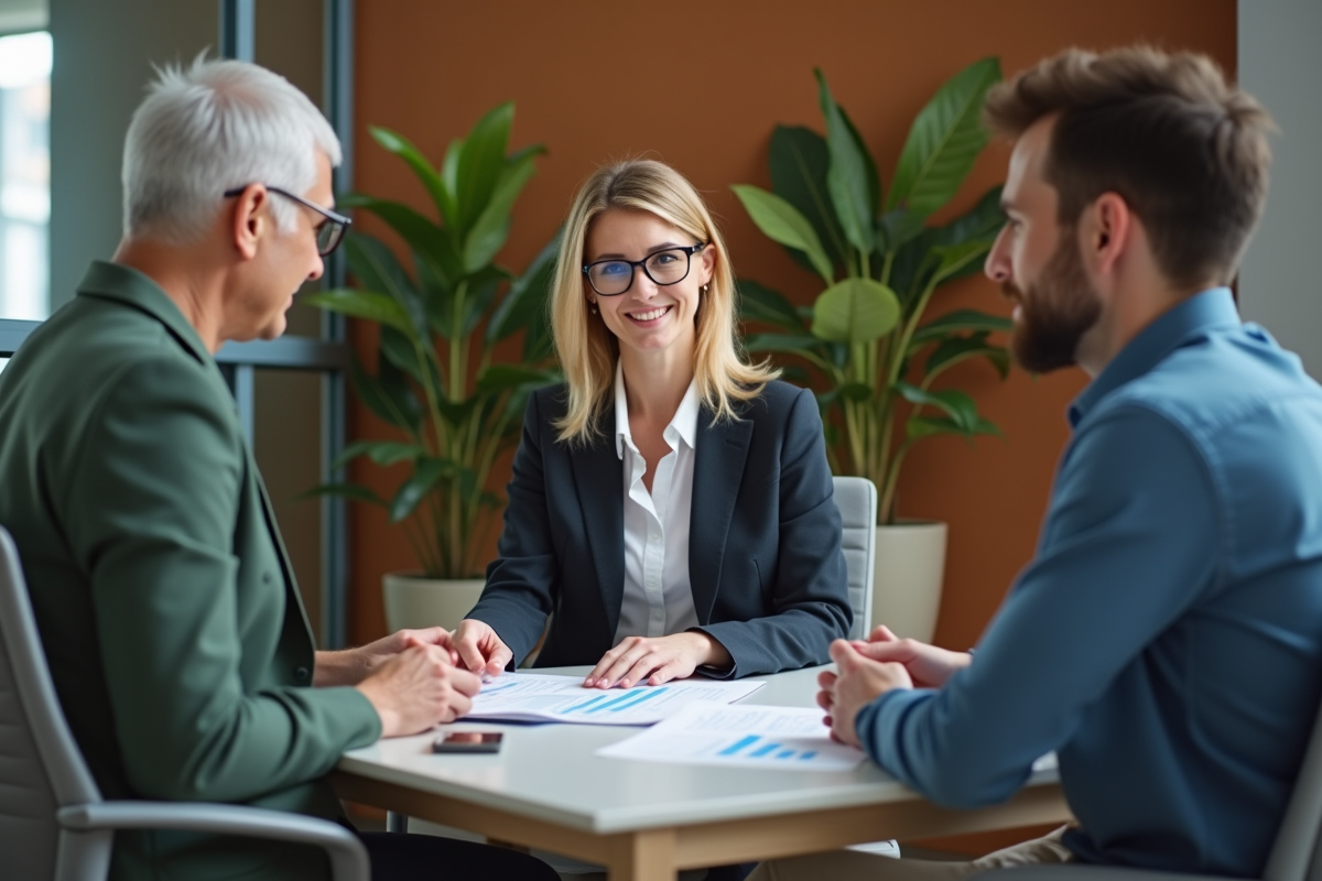 Conseillère en prêt immobilier discutant avec un couple