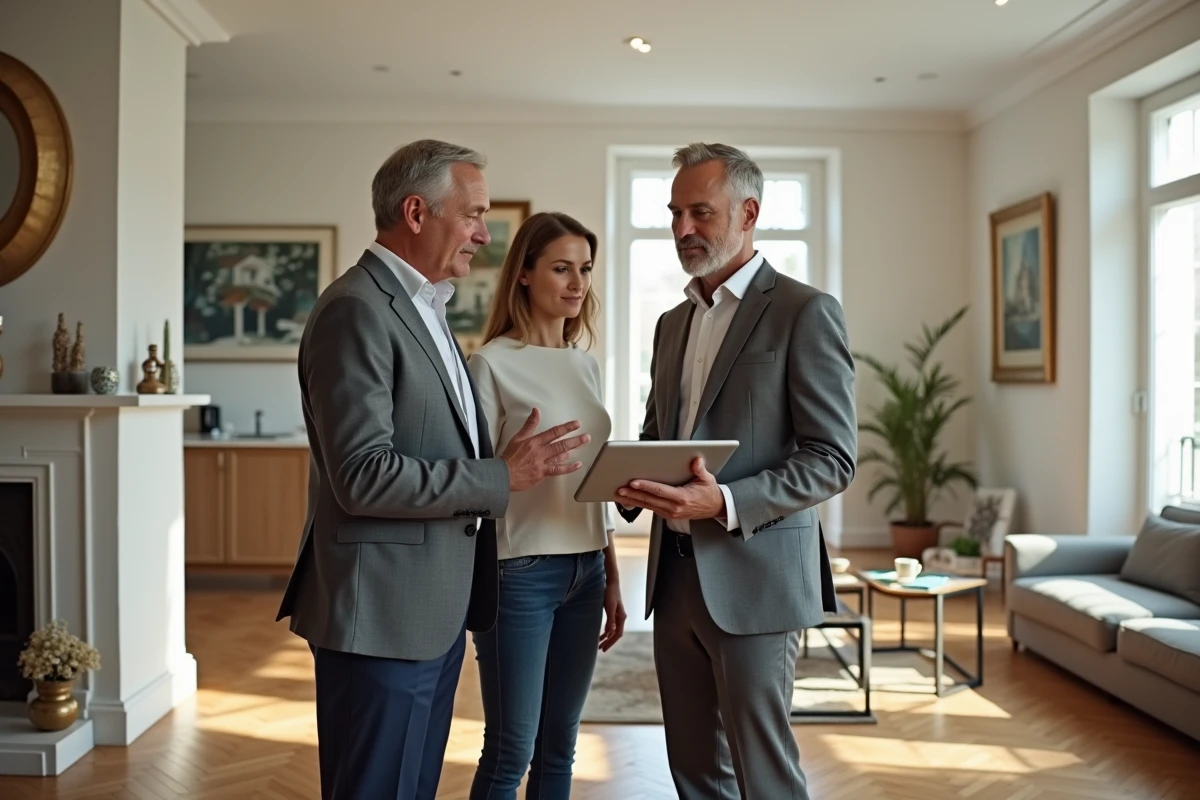Consultant immobilier explique des donn&eacute;es &agrave; un couple dans un salon lumineux