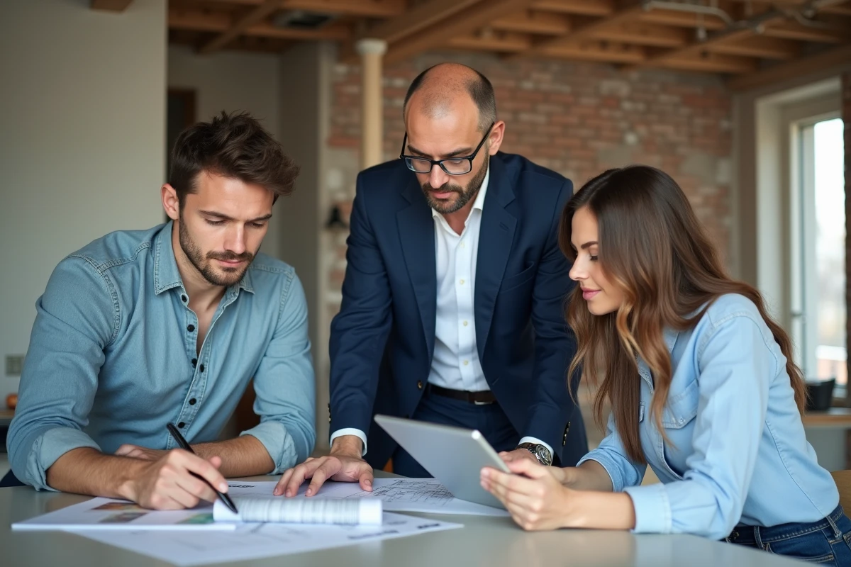 Consultant immobilier avec couple sur plan de renovation