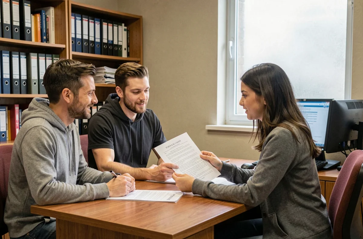 Couple de locataires consultant un conseiller juridique pour contester un surloyer HLM