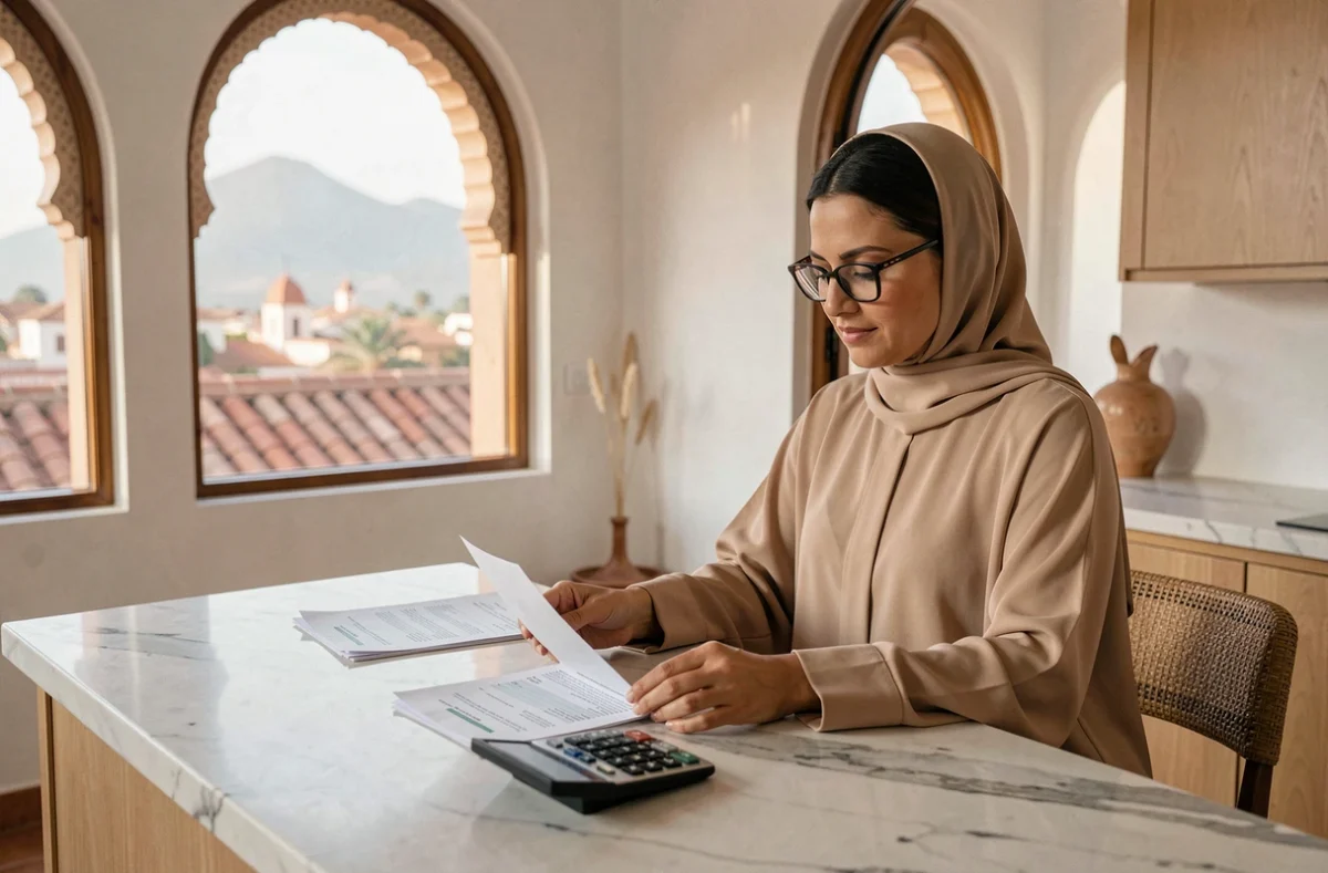 Femme étudiant un contrat fiscal pour l'achat d'un appartement à Marrakech avec vue sur les toits de la médina