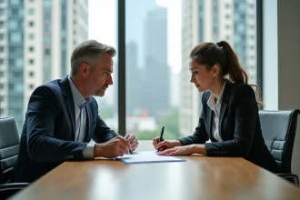 Homme et femme signant un contrat de location dans un bureau moderne