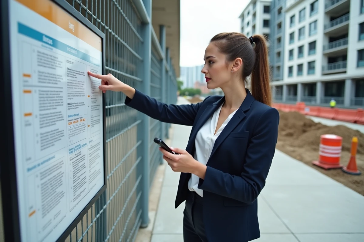Jeune femme vérifiant un panneau de chantier avec smartphone