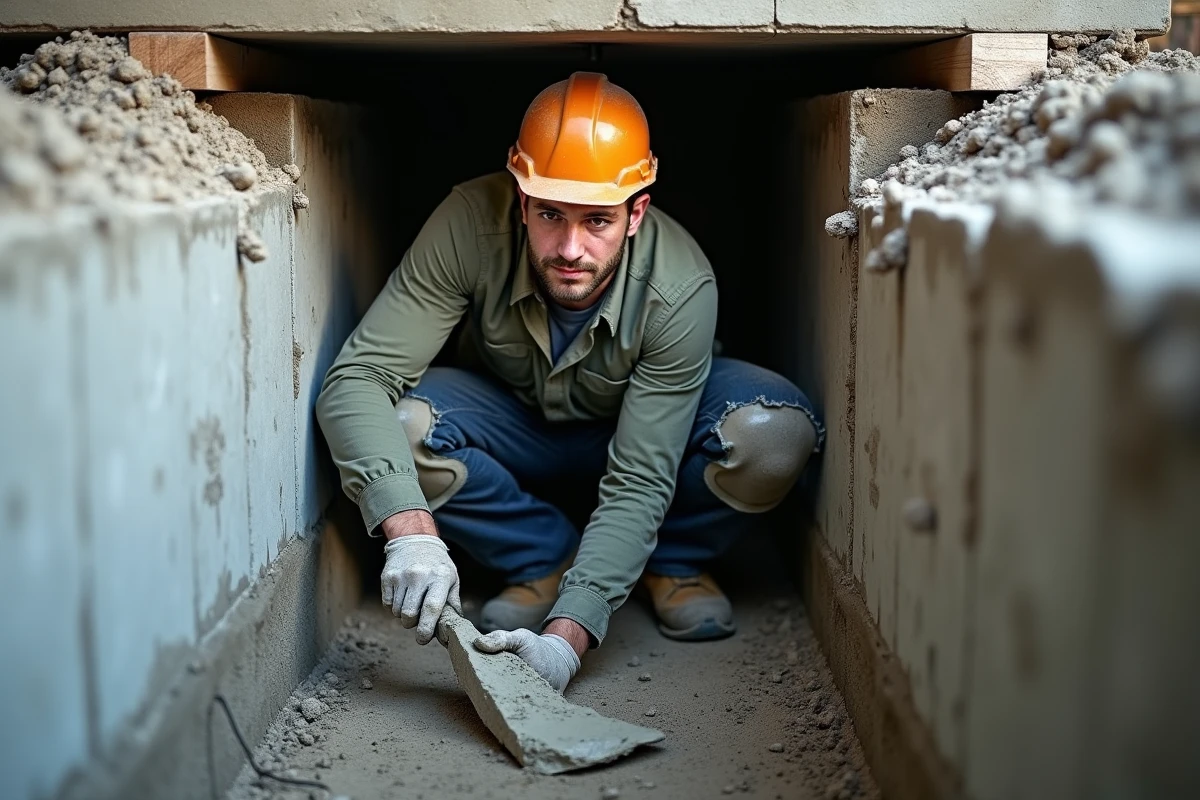 Maçon coulant du béton dans un puits de reprise en sous-œuvre sous les fondations d'une maison individuelle