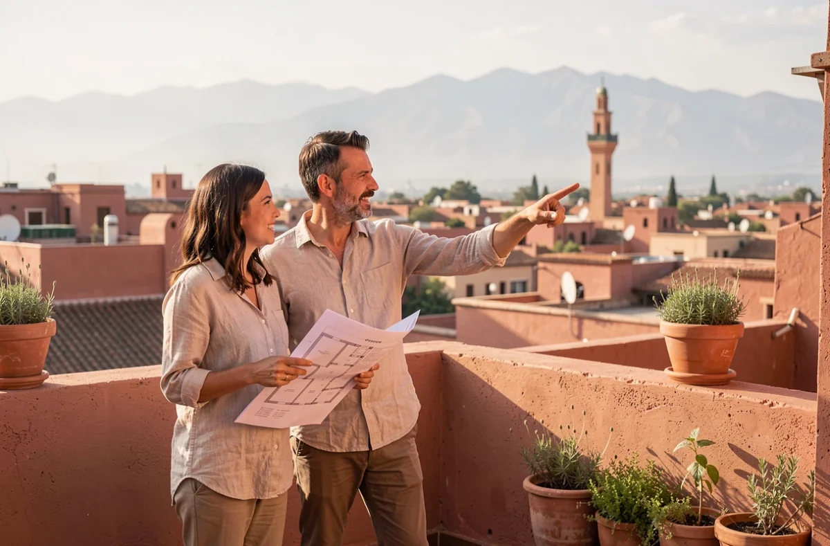 Couple consultant un plan d'appartement sur une terrasse de riad à Marrakech lors d'un achat immobilier