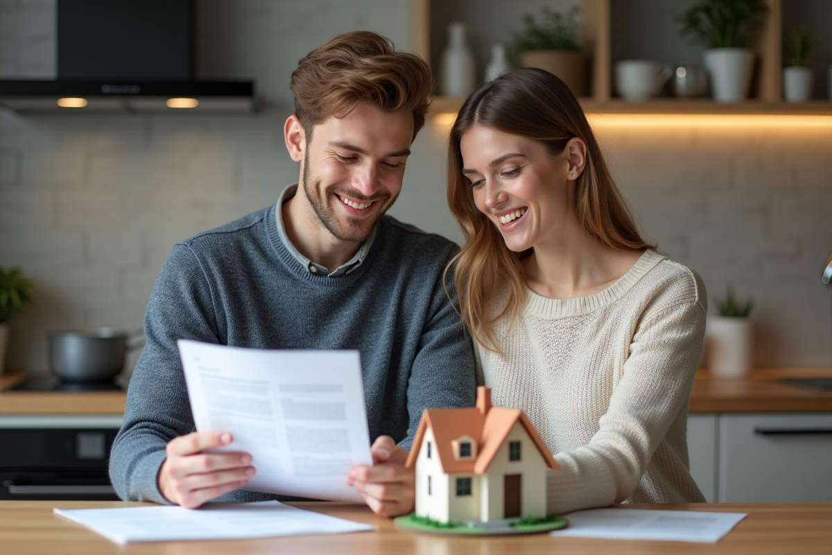 Jeune couple regardant des documents et une maquette de maison