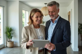 Couple d'acheteurs examinant une visite virtuelle immobilière 360 degrés sur tablette dans un salon moderne