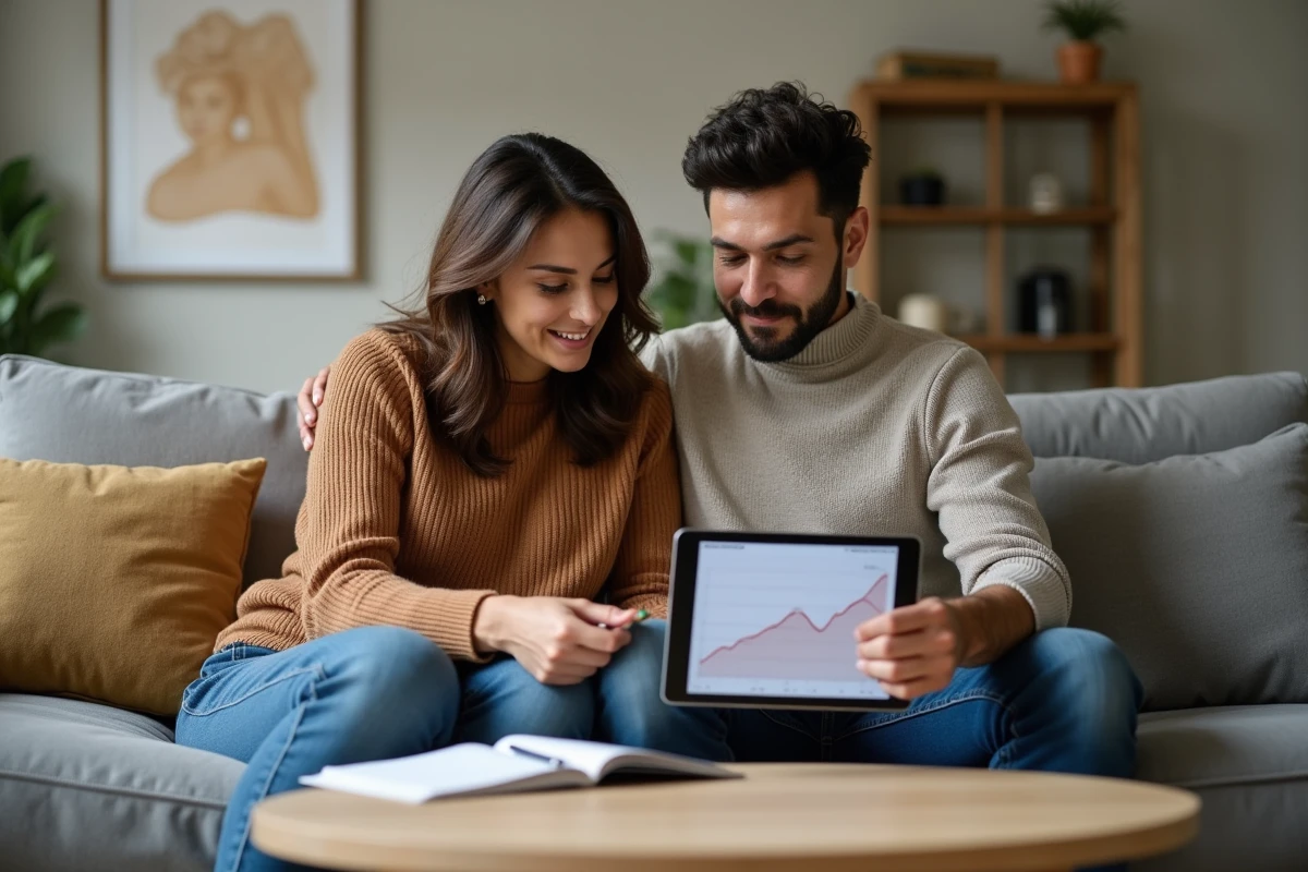 Couple analysant l'évolution du prix d'une annonce immobilière sur tablette avec un outil de suivi comme Castorus