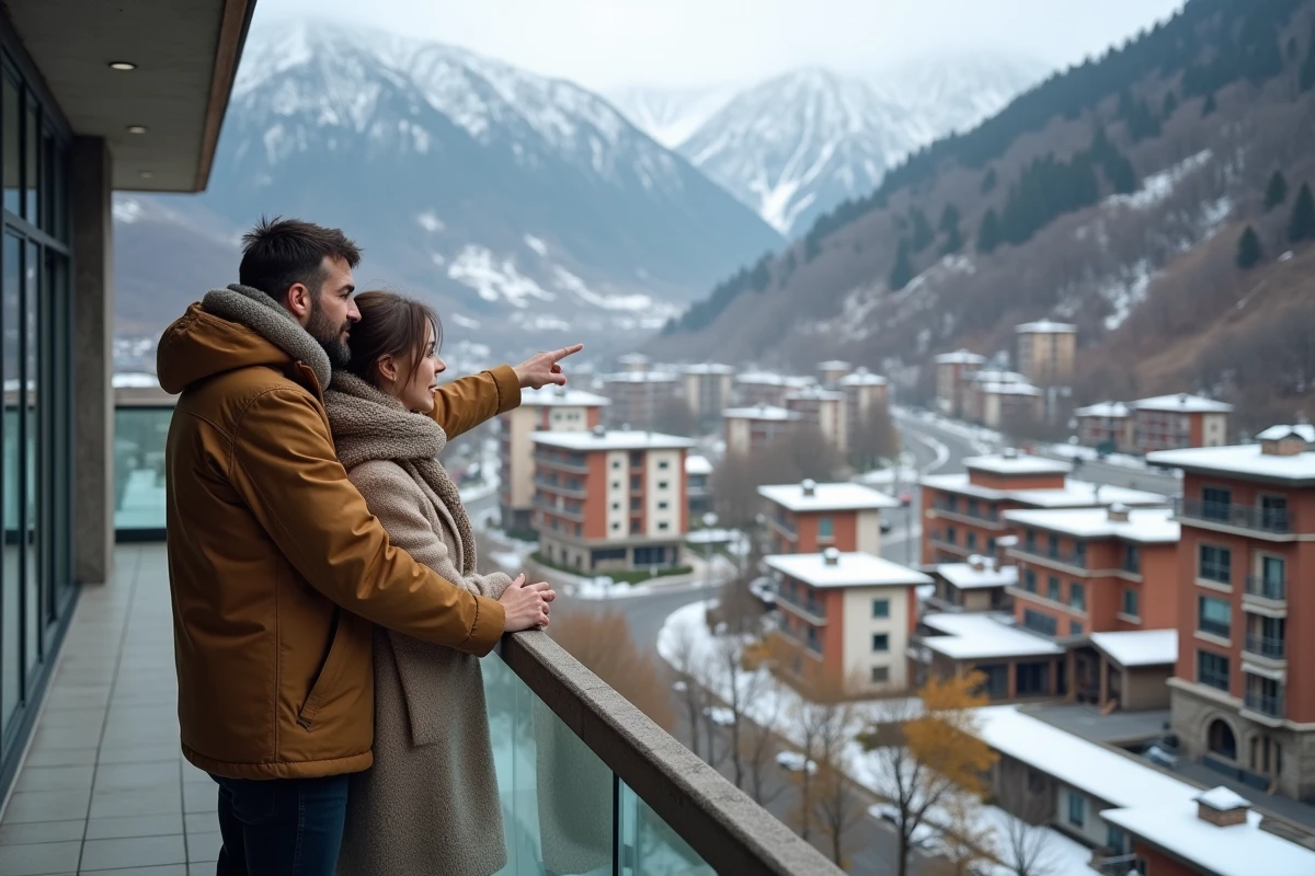 Couple sur le balcon d'un appartement moderne à Escaldes-Engordany avec vue panoramique sur la vallée andorrane