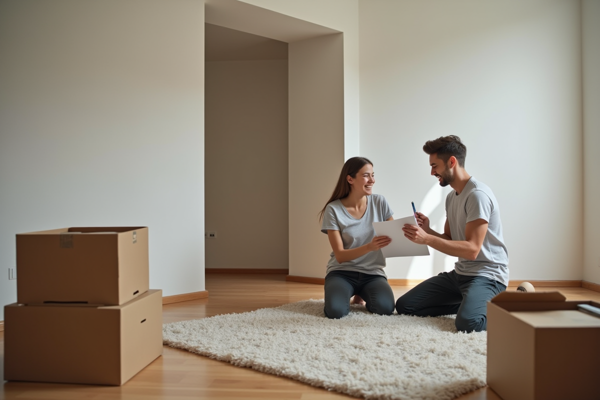 Jeune couple assemblant des meubles dans un salon en construction