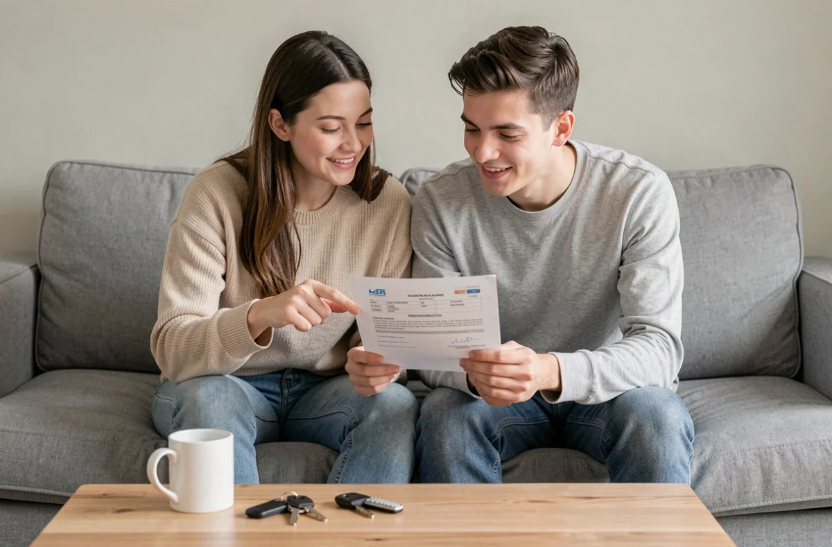 Couple examinant ensemble une attestation d'assurance habitation imprimée dans leur salon