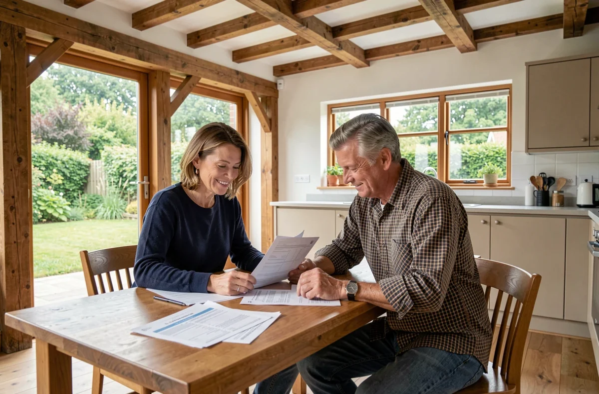 Couple étudiant le budget de construction d'une maison à ossature bois avec des documents de financement sur une table