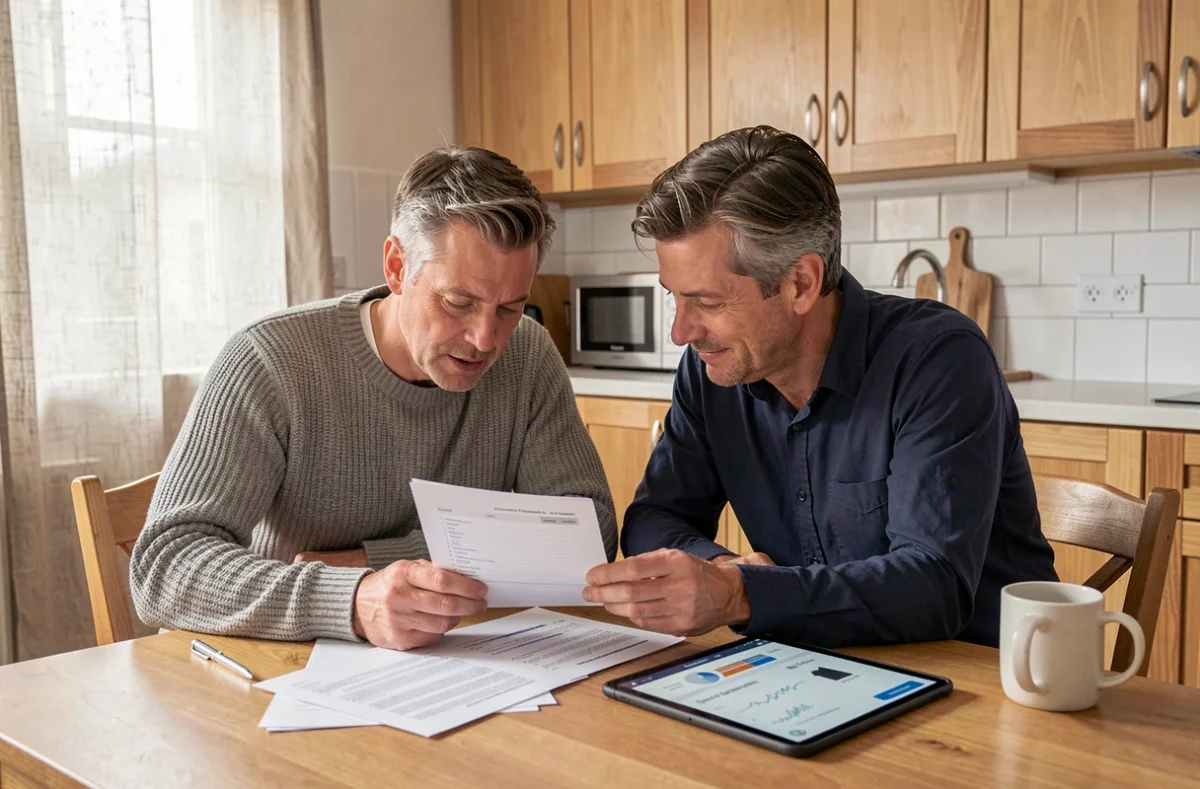 Couple étudiant ensemble leur capacité d'emprunt immobilier avec des documents de simulation CASDEN sur la table de la cuisine