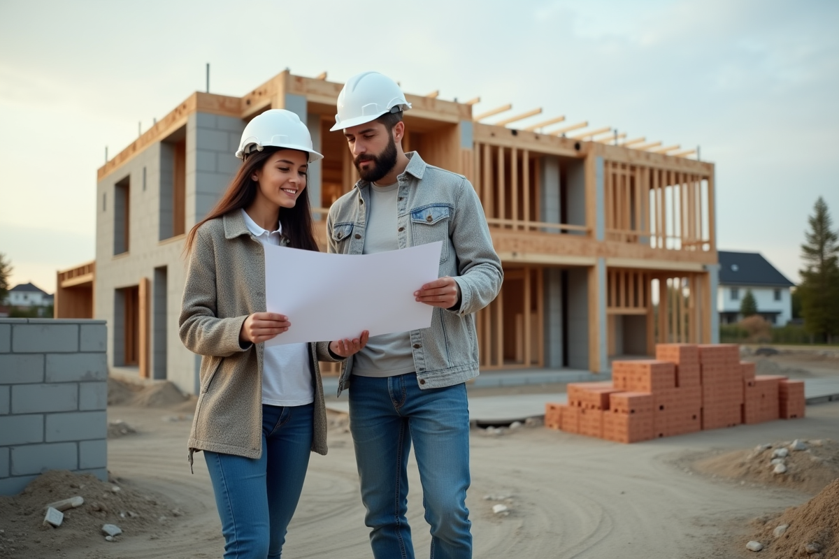 Jeune couple examine des plans devant une maison en construction