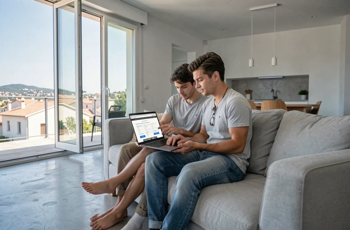 Couple consultant un comparateur d'assurance habitation en ligne dans leur appartement à Nice