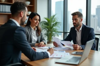 Couple discutant d'un investissement immobilier Pinel avec un conseiller financier dans un bureau moderne