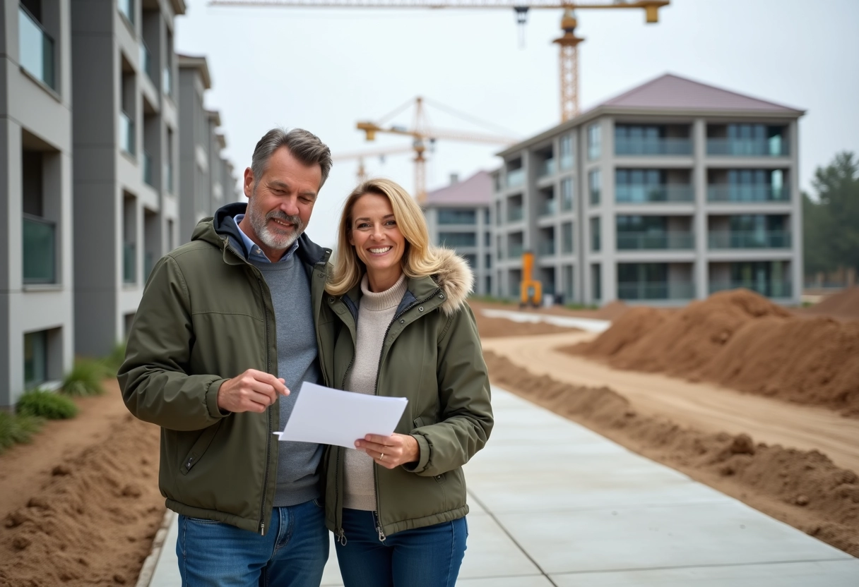 Couple regardant un projet immobilier en extérieur avec bâtiments en construction