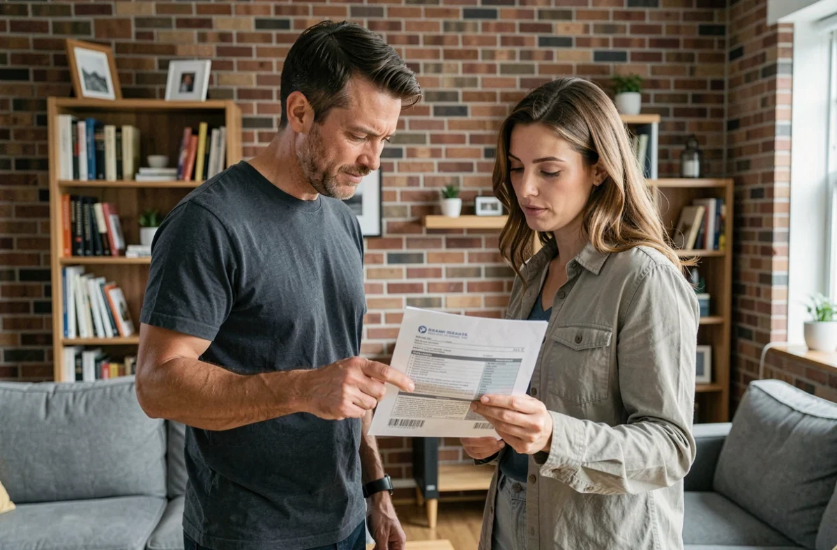 Couple examinant ensemble un contrat d'assurance habitation dans leur salon