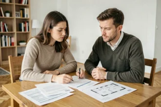 Couple examinant attentivement un contrat PSLA pour l'achat d'une maison en accession sociale à la propriété